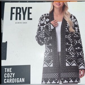FRYE Open. Cardigan Sweater, Black/White, Size Large